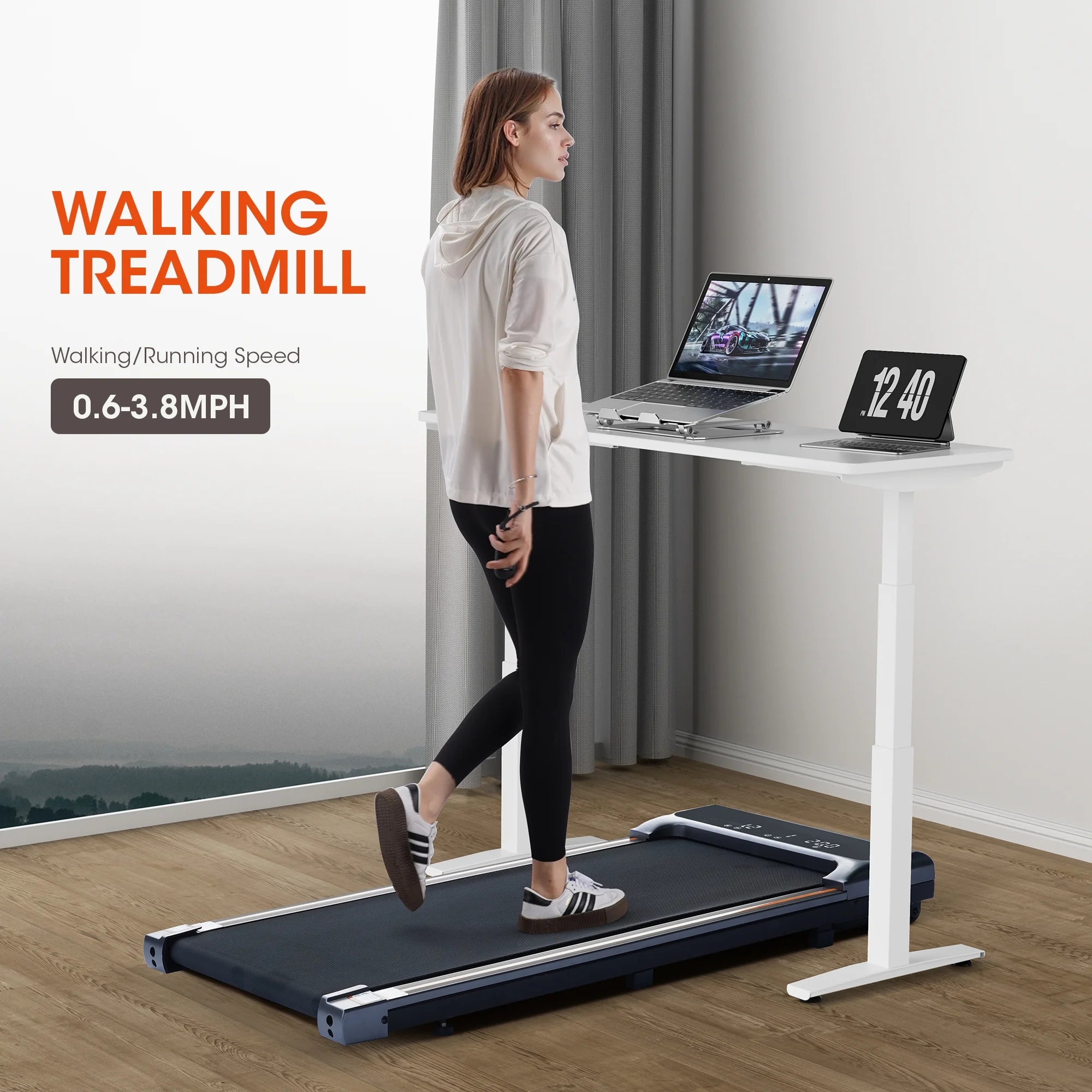 Walking Pad under Desk Treadmill with Remote Control Lightweight 2 in 1 Exercise Treadmill 0.6 to 3.8 Speed Range for Home Office Workout